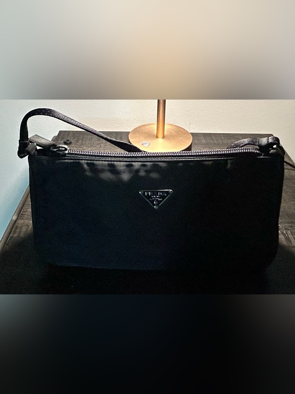 Prada Black Nylon Wristlet Pouch with Logo Plaque